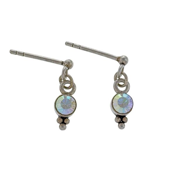 Vintage Sterling Silver 925 Caviar Accent Iridescent Crystal Dangle Earrings - Picture 1 of 5